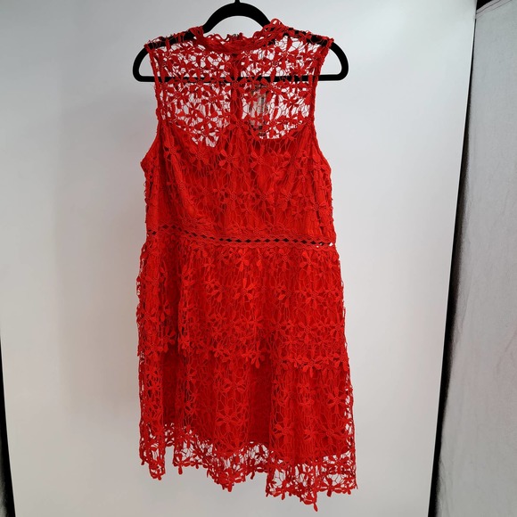 Boohoo Skater Dress Plus 16 Sleeveless Lace Tiered High Neck Night Out Red NWT - Picture 3 of 12